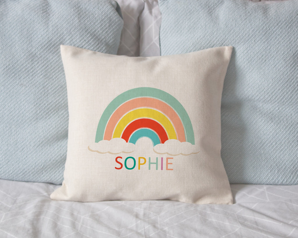 personalised children's rainbow cushion uk