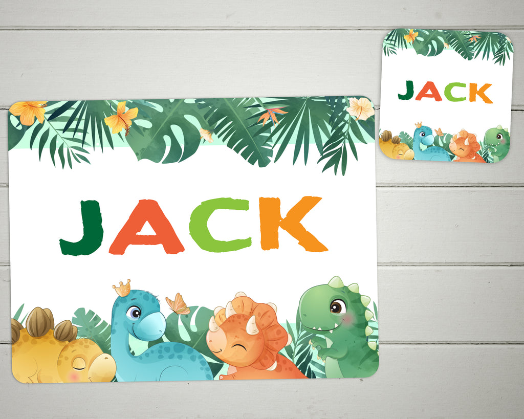 personalised dinosaur placemat and coaster set
