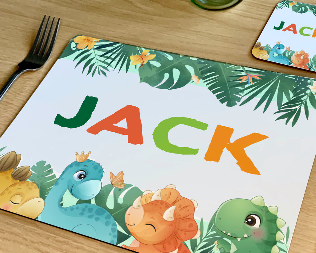 personalised dinosaur placemat and coaster set