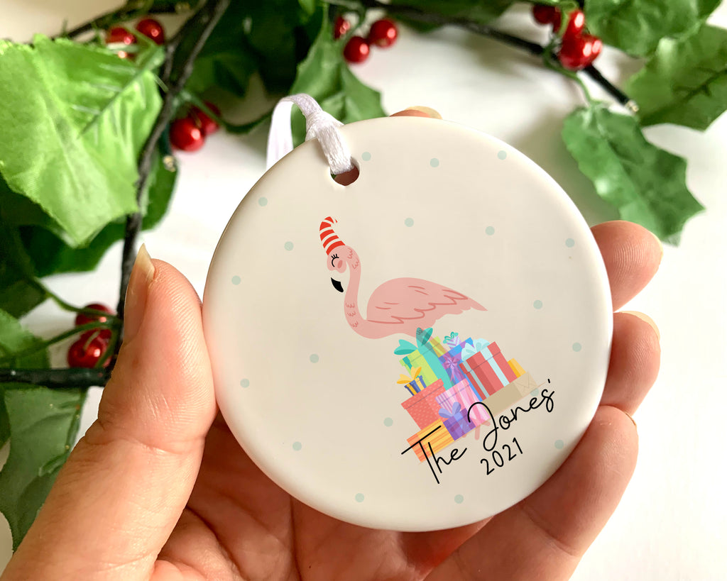 personalised flamingo christmas bauble