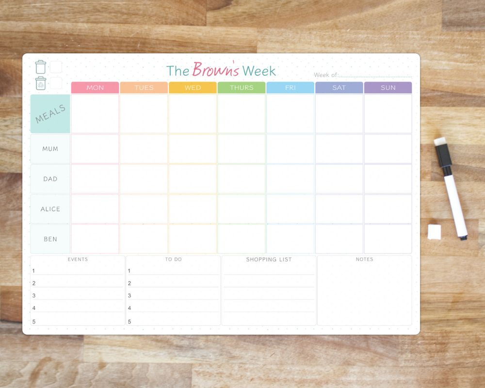 personalised whiteboard weekly family planner